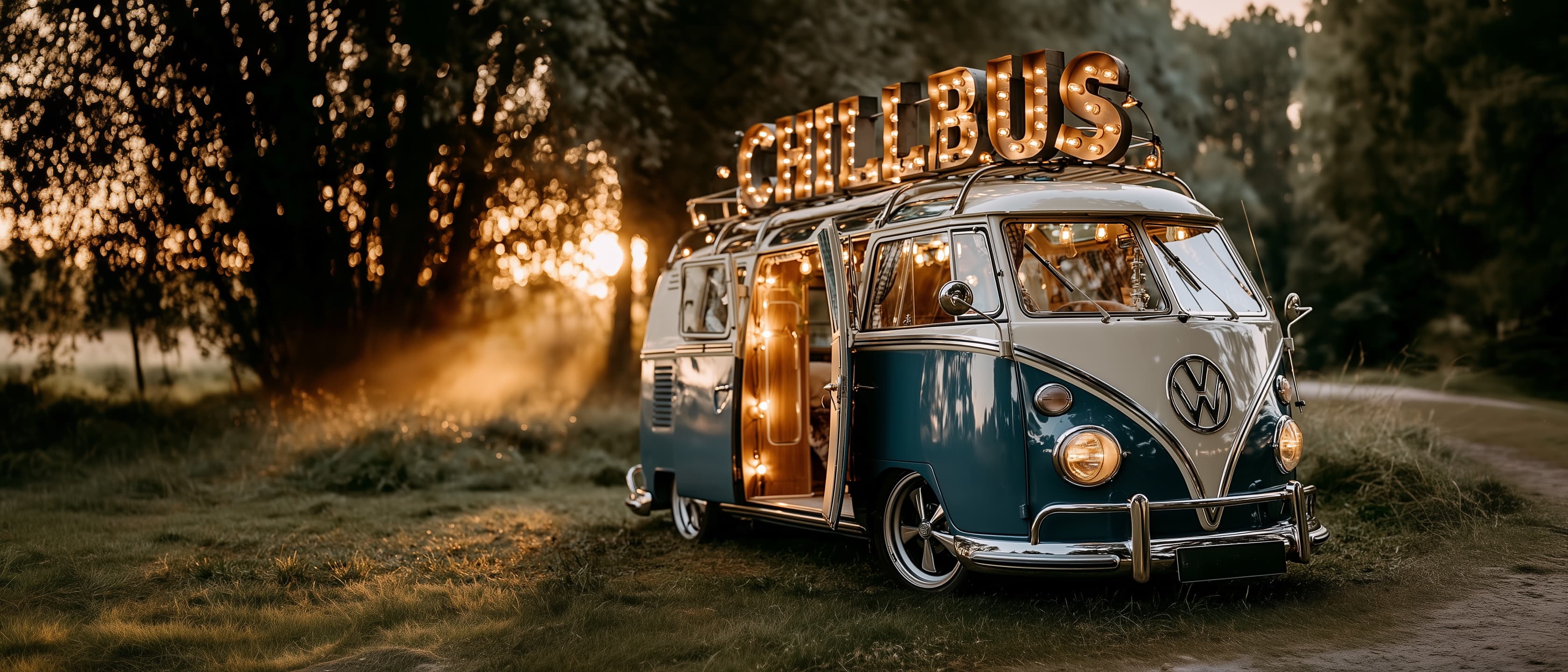 Retro mikrobus s rozžiareným nápisom CHILLBUS na strešnej markíze, zaparkovaný v podvečernej atmosfére